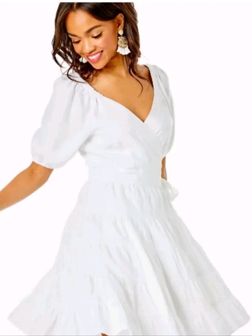 $238 LILLY PULITZER DRESS IRALEE SHORT SLEEVE LINEN WHITE WRAP STYLE SIZE 2 - Picture 2 of 9
